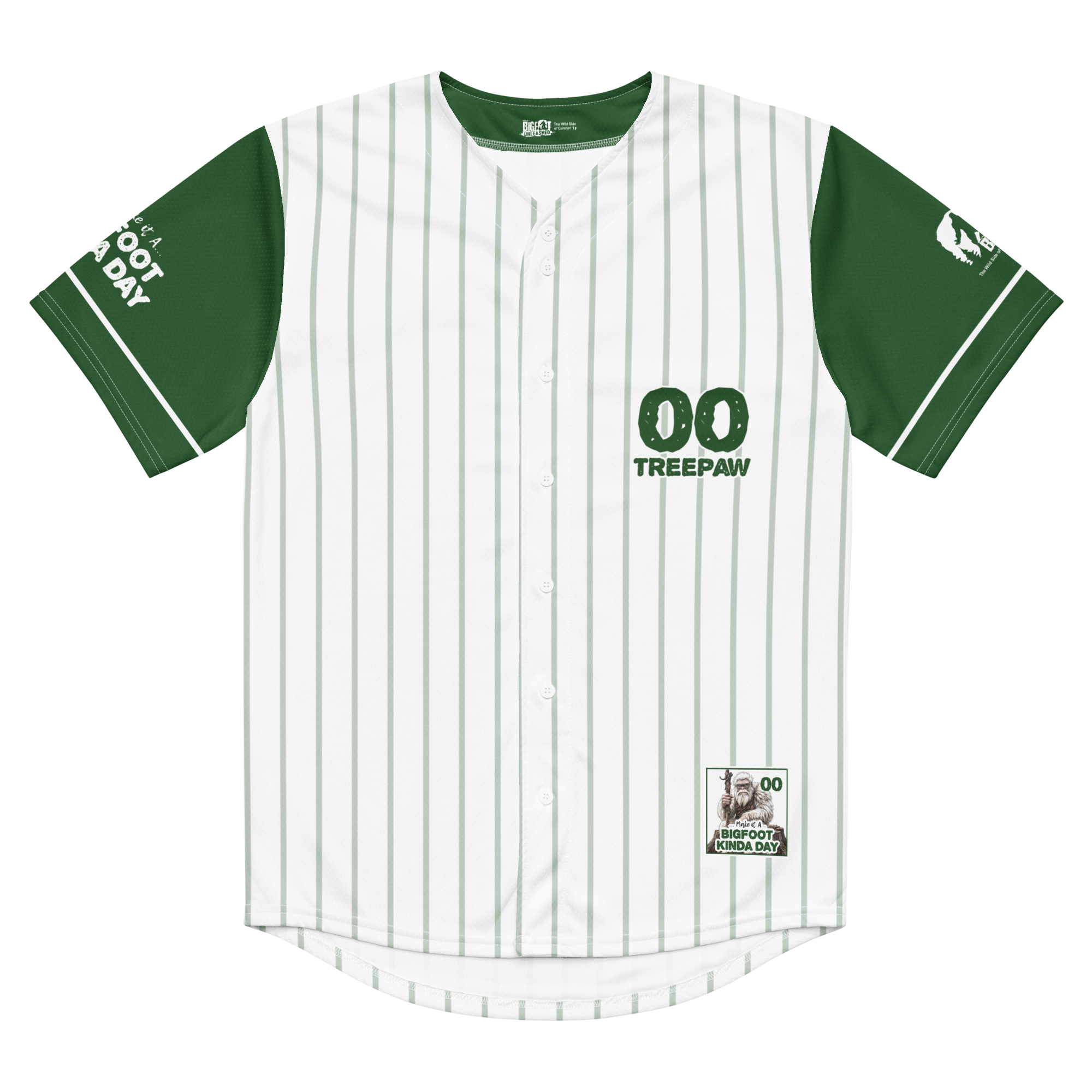 Baseball jersey with green and white design on a white background