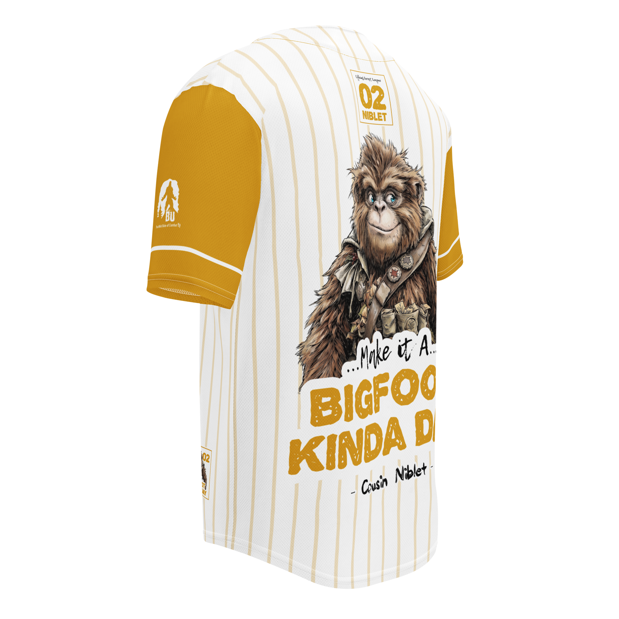T-shirt with a cartoon bigfoot character and text on a white background