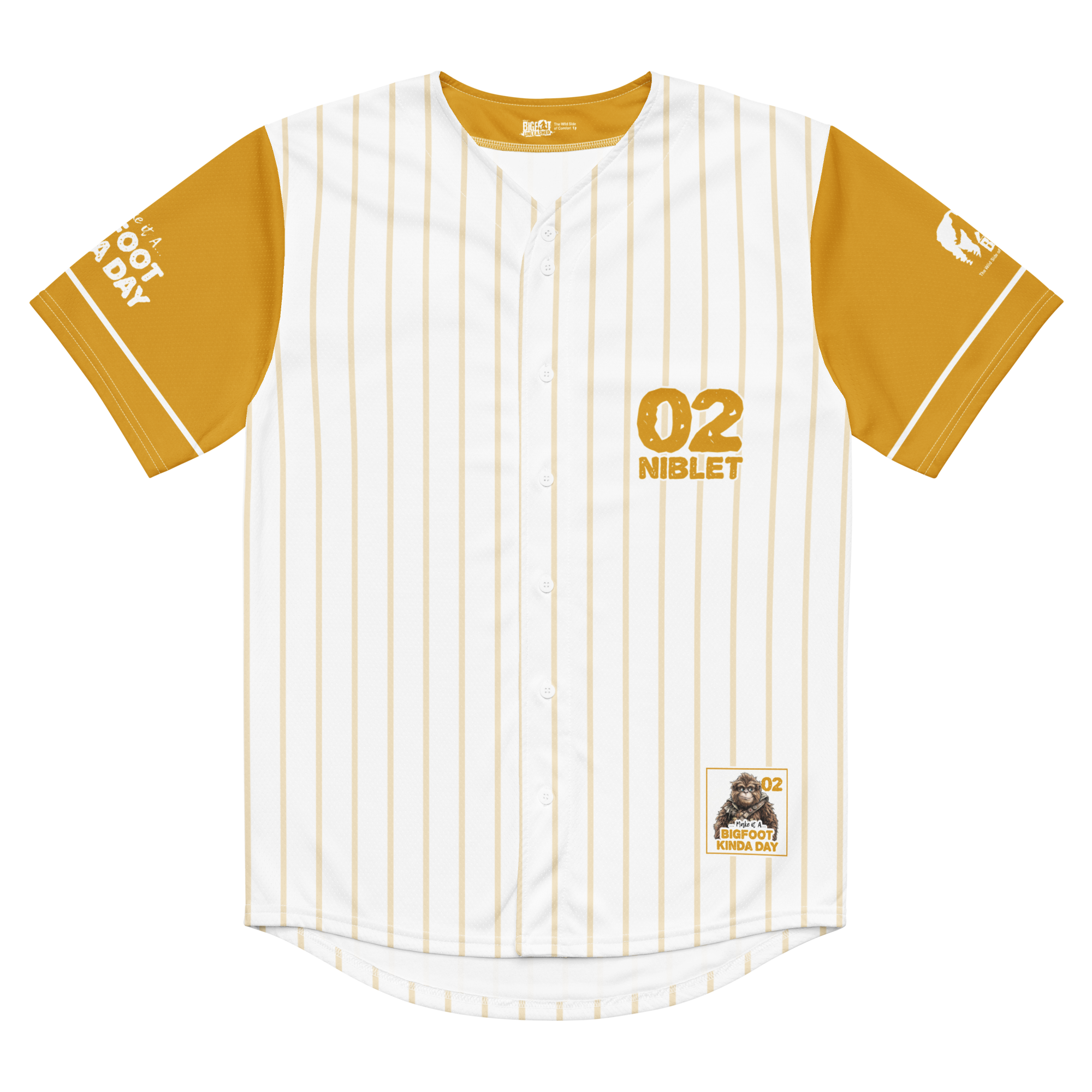Baseball jersey with yellow and white design on a white background