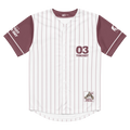 Baseball jersey with maroon and white pinstripes on a white background