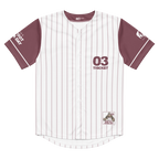 Baseball jersey with maroon and white pinstripes on a white background
