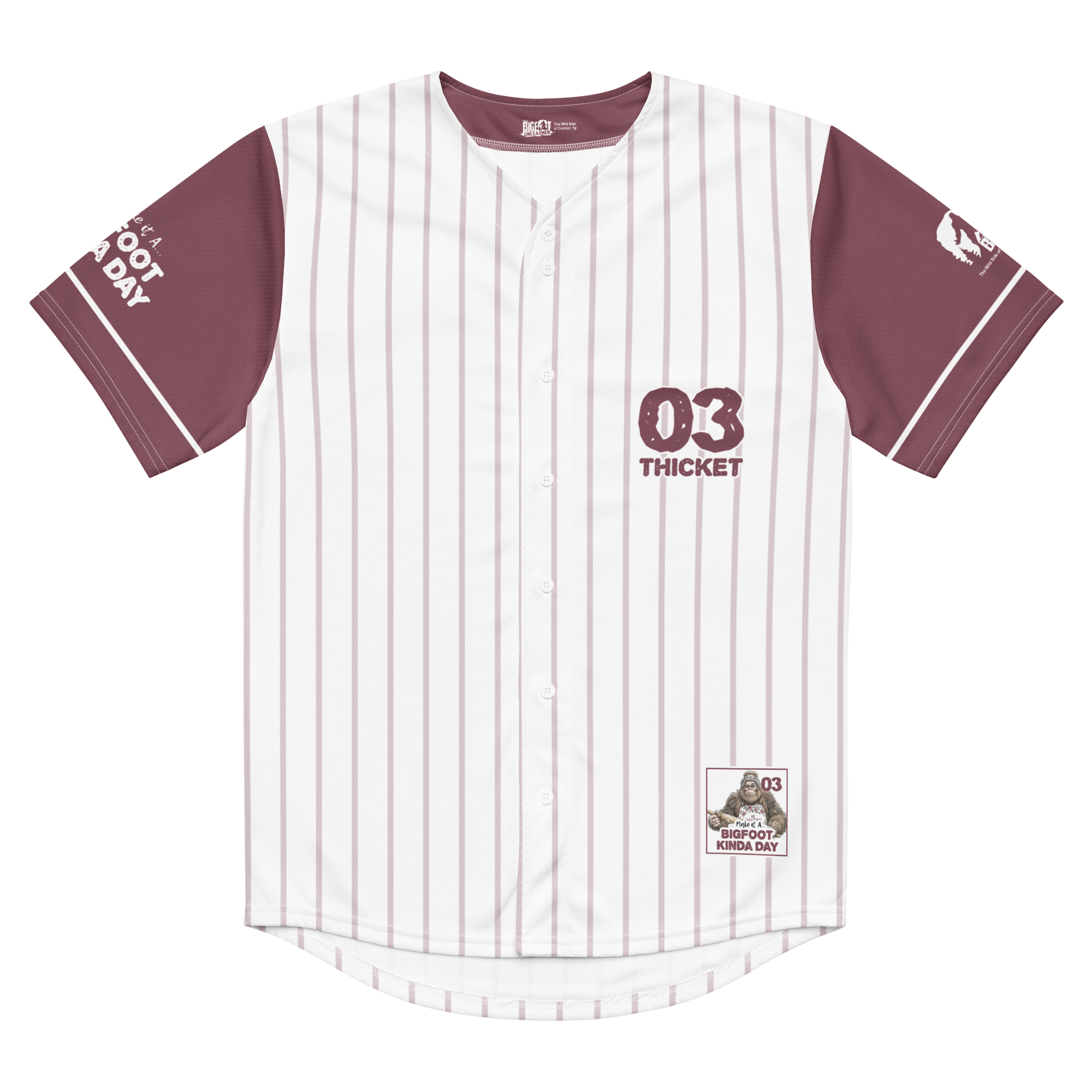 Baseball jersey with maroon and white pinstripes on a white background
