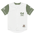 Baseball jersey with green and white design on a white background