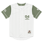 Baseball jersey with green and white design on a white background