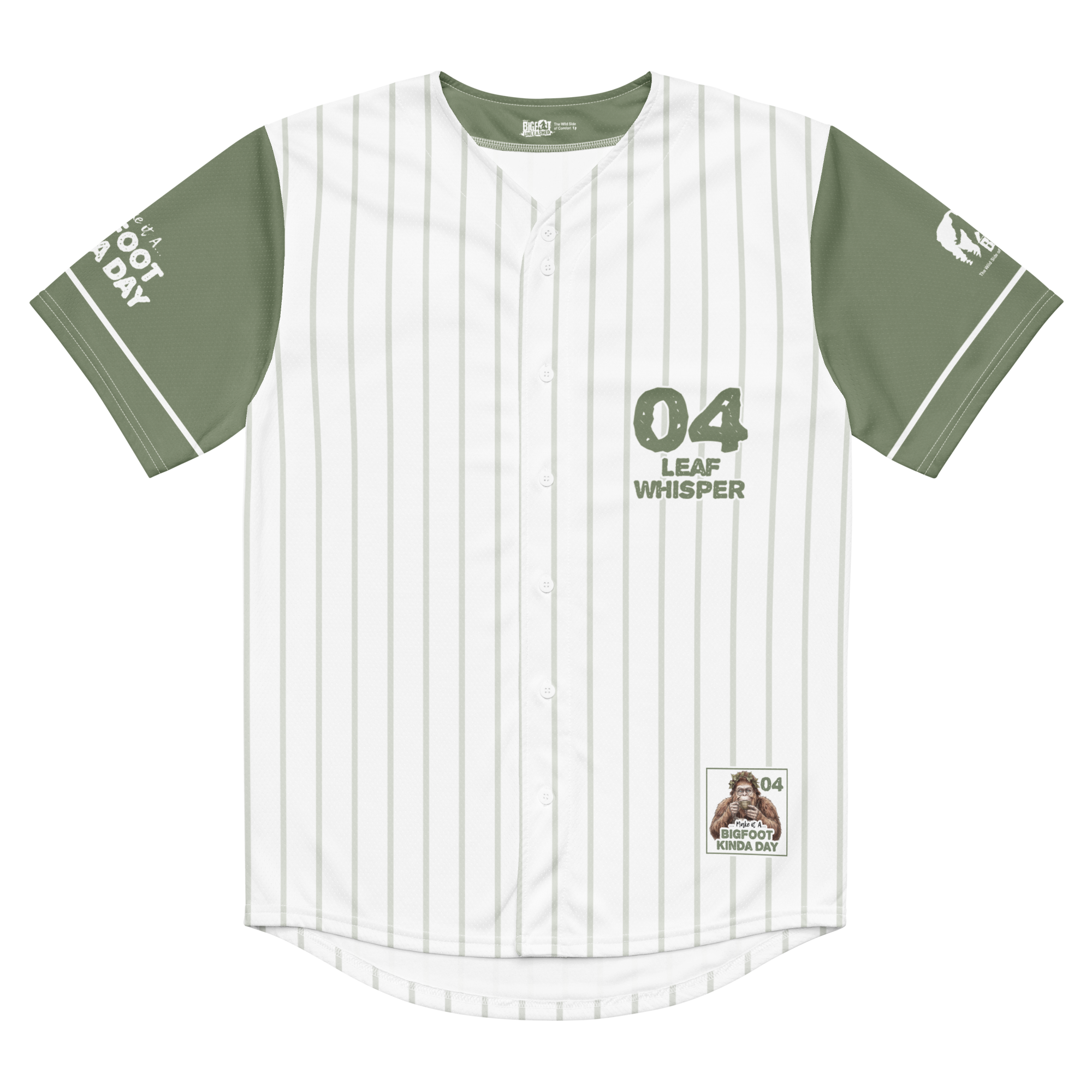 Baseball jersey with green and white design on a white background