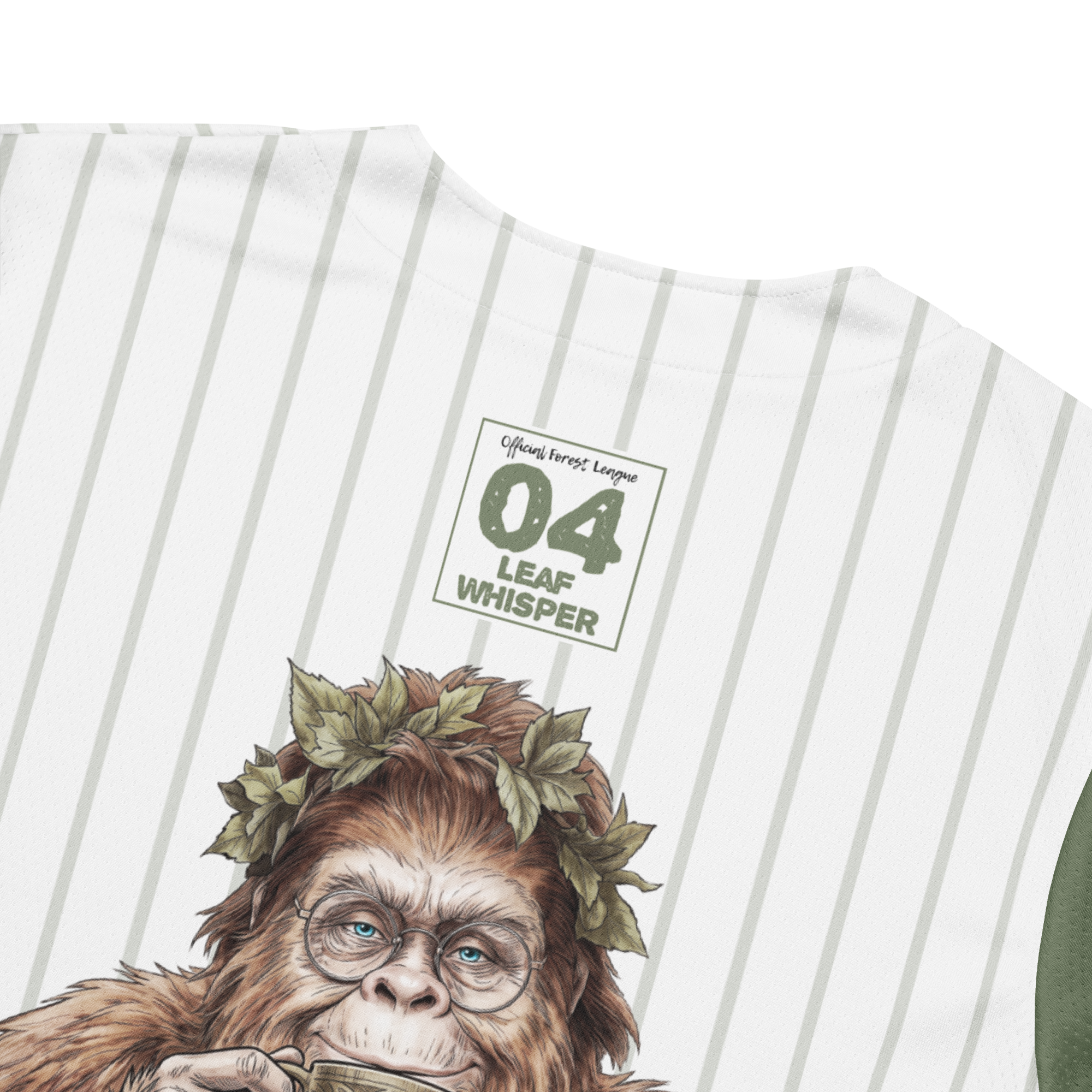 Baseball jersey with a monkey graphic and 'Leaf Whisper' text on a white background