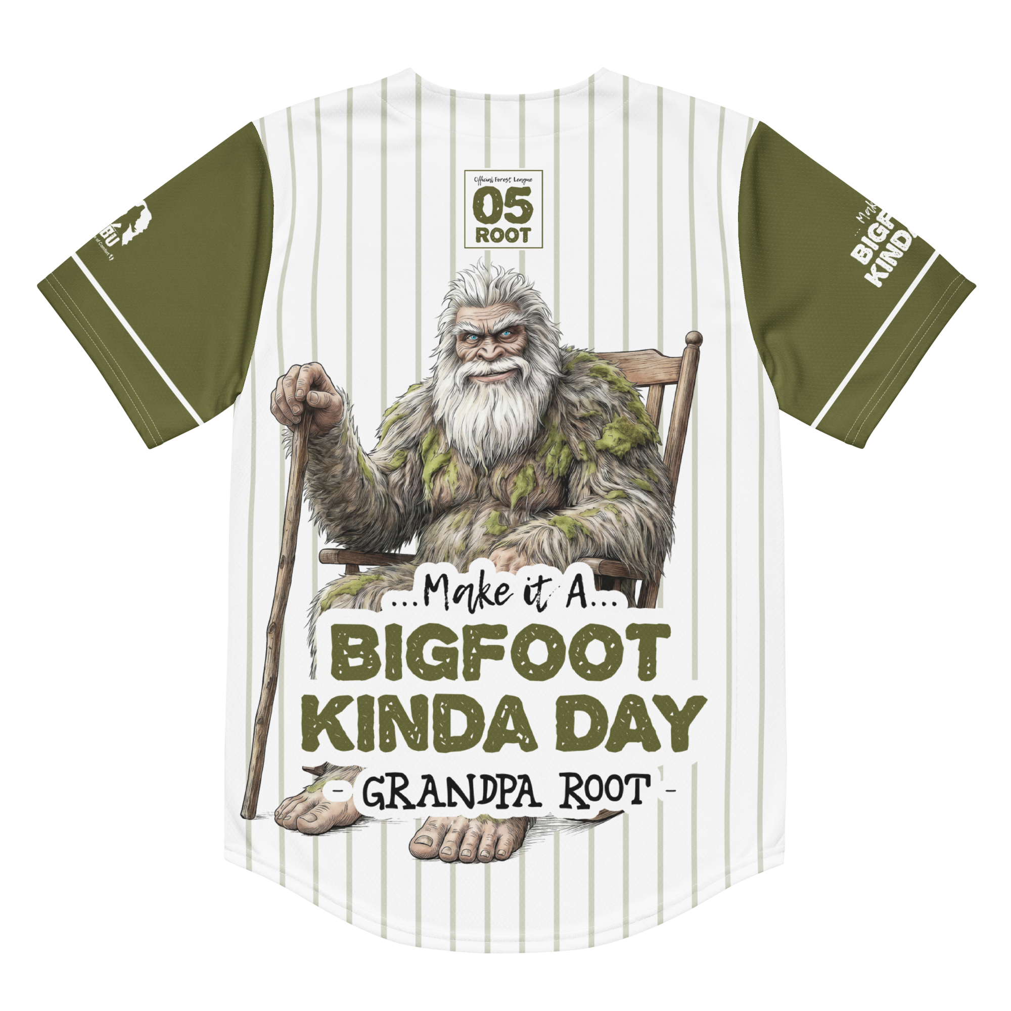 Baseball jersey with Bigfoot graphic and text on a white background