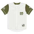 Baseball jersey with green and white pinstripes and '05 Root' text on a white background