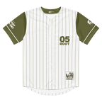 Baseball jersey with green and white pinstripes and '05 Root' text on a white background