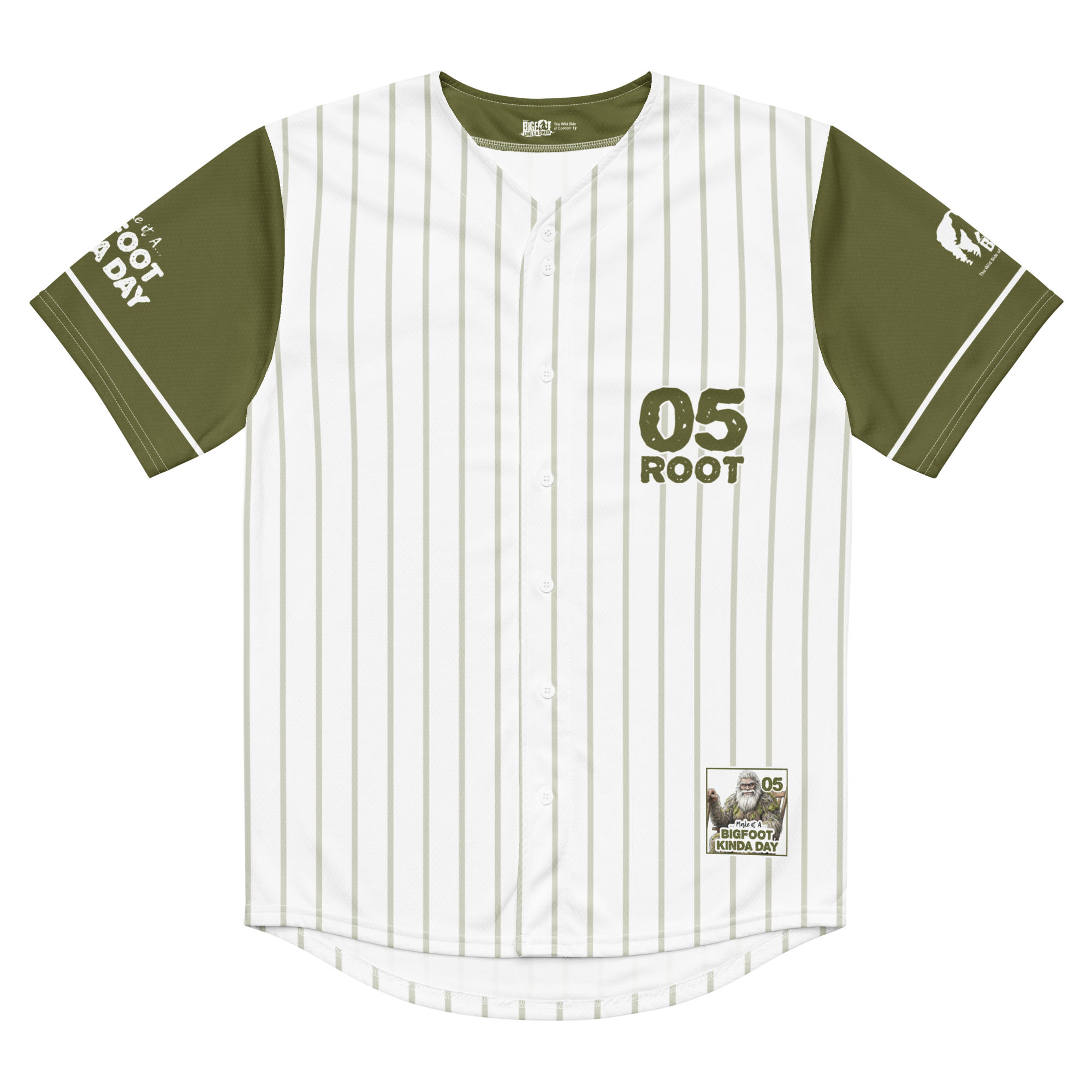 Baseball jersey with green and white pinstripes and '05 Root' text on a white background
