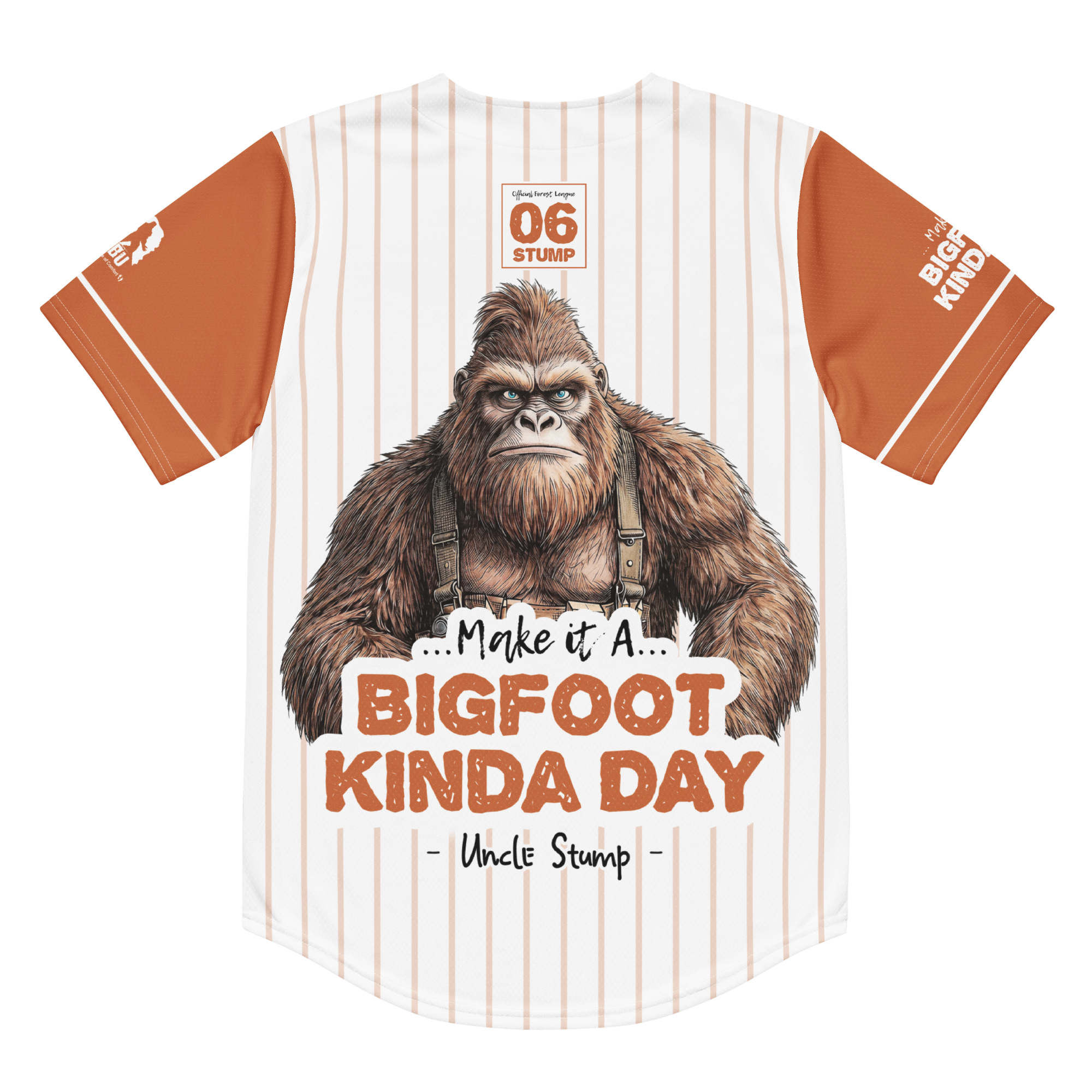 Baseball jersey with a Bigfoot graphic and text on a white background