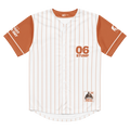 Baseball jersey with brown and white design on a white background