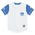 Baseball jersey with blue and white pinstripes, featuring '08 Thunder Toe' text and logo.