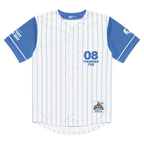 Baseball jersey with blue and white pinstripes, featuring '08 Thunder Toe' text and logo.