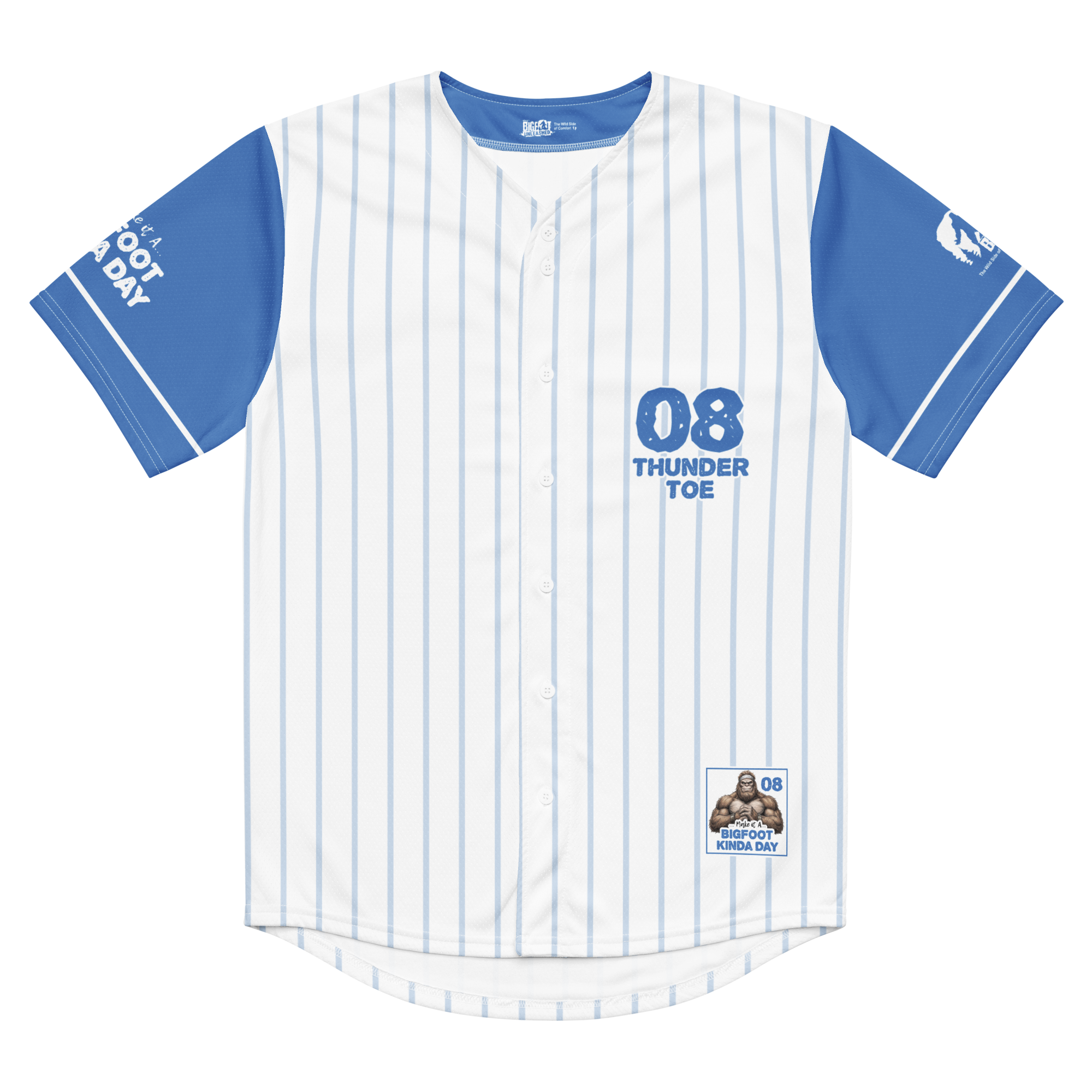 Baseball jersey with blue and white pinstripes, featuring '08 Thunder Toe' text and logo.