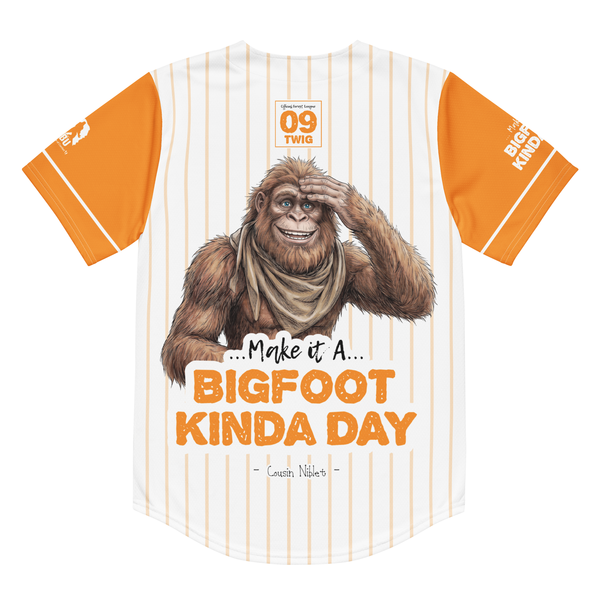 T-shirt with a cartoon Bigfoot character and text on a white background