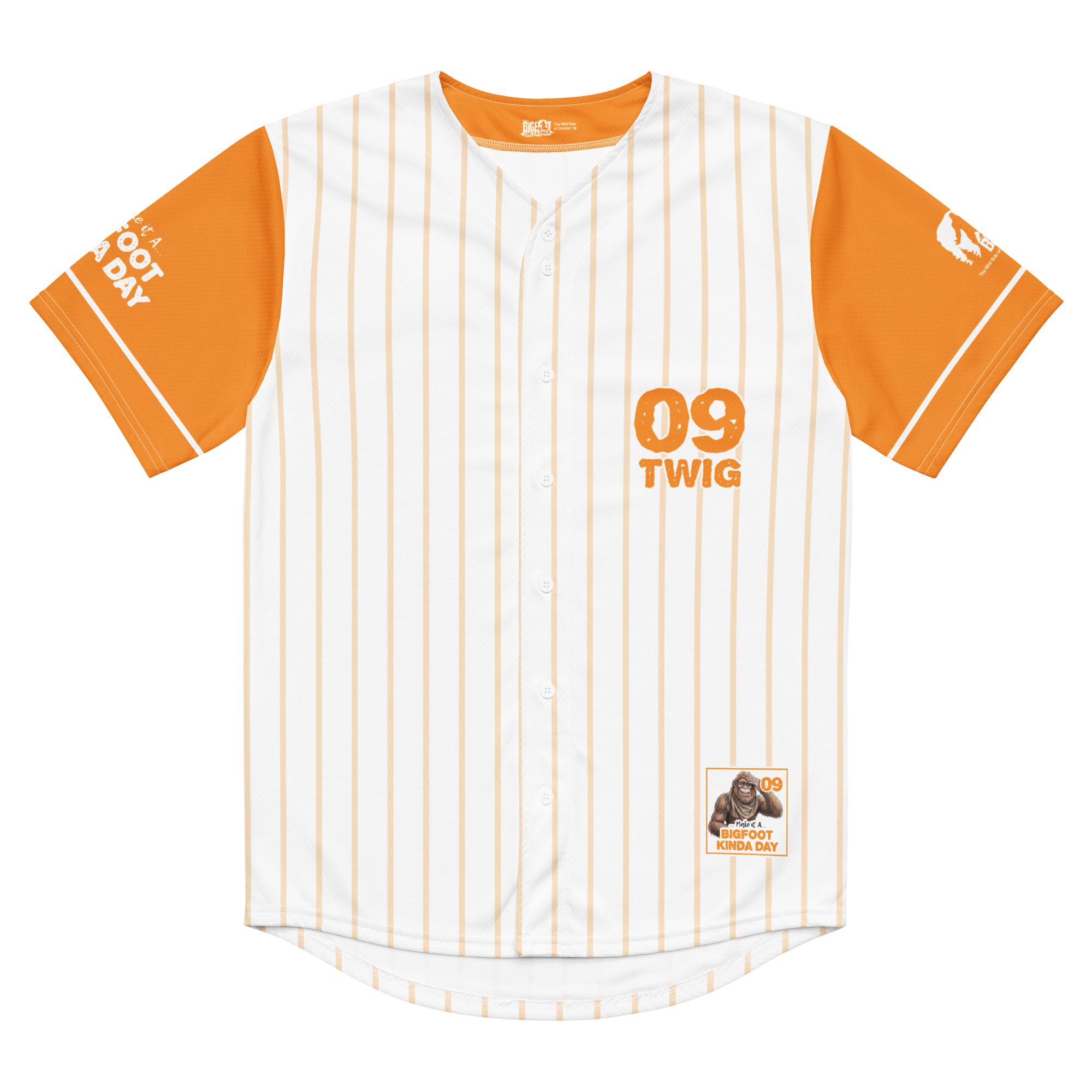 Baseball-style shirt with orange sleeves and '09 TWIG' text on a white background