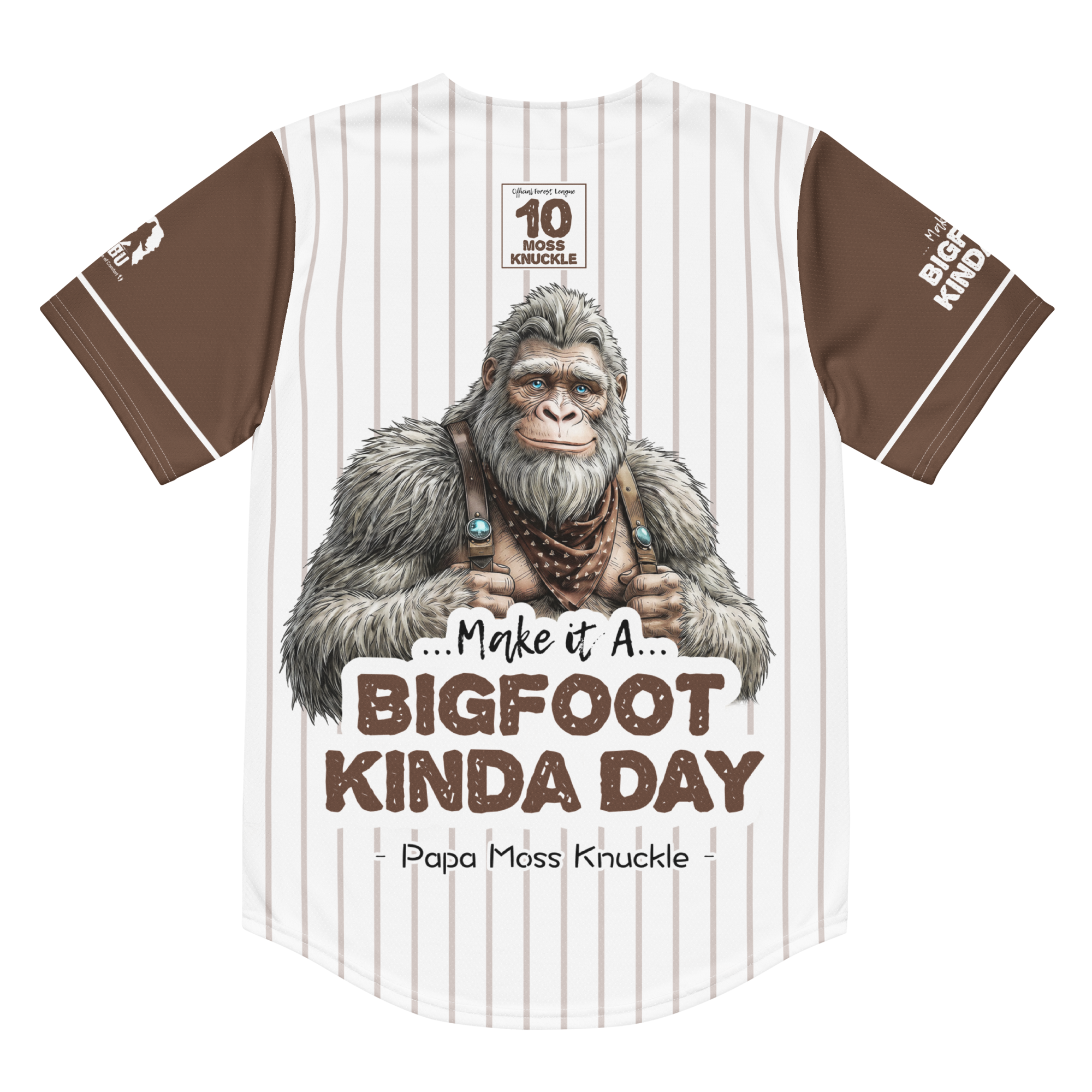 Baseball jersey with a Bigfoot graphic and text on a white background