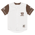 Baseball jersey with brown and white pinstripes, number 10, and text on a white background