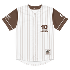 Baseball jersey with brown and white pinstripes, number 10, and text on a white background