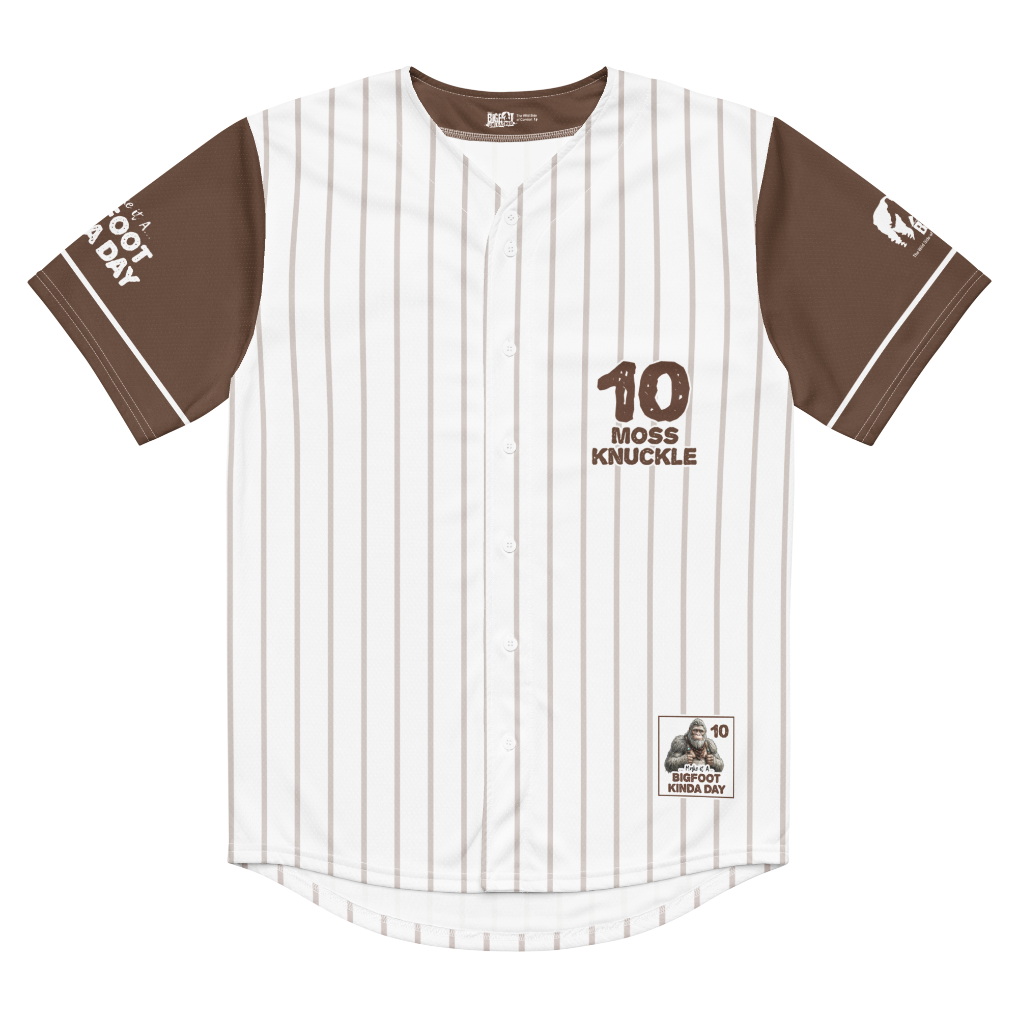 Baseball jersey with brown and white pinstripes, number 10, and text on a white background