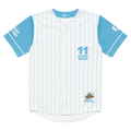 Baseball jersey with blue and white pinstripes, number 11, and 'Cloud Gazer' text on a white background.