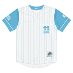 Baseball jersey with blue and white pinstripes, number 11, and 'Cloud Gazer' text on a white background.