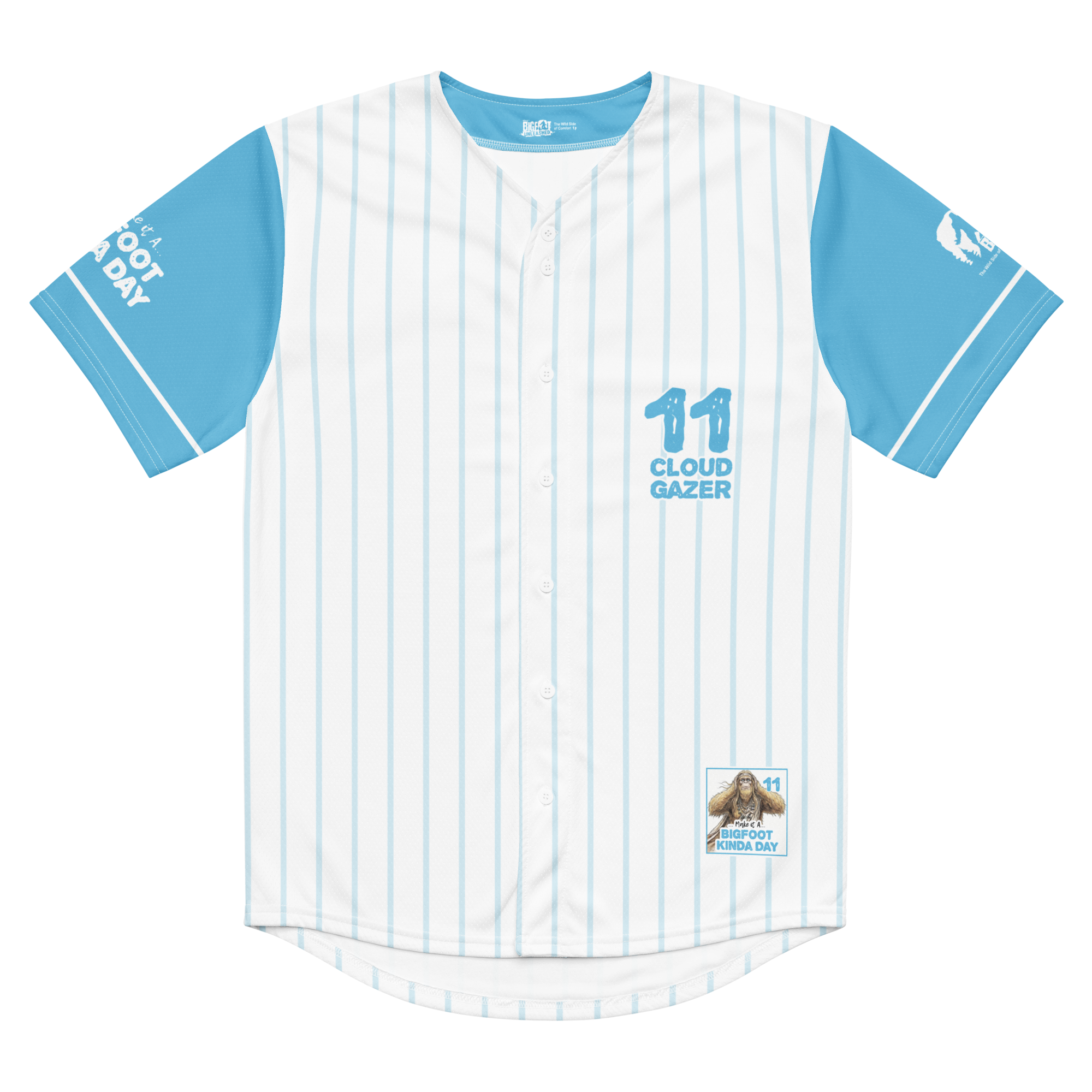 Baseball jersey with blue and white pinstripes, number 11, and 'Cloud Gazer' text on a white background.