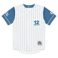 Baseball jersey with blue and white pinstripes, number 12, and 'Bigfoot' text on a white background.