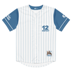 Baseball jersey with blue and white pinstripes, number 12, and 'Bigfoot' text on a white background.