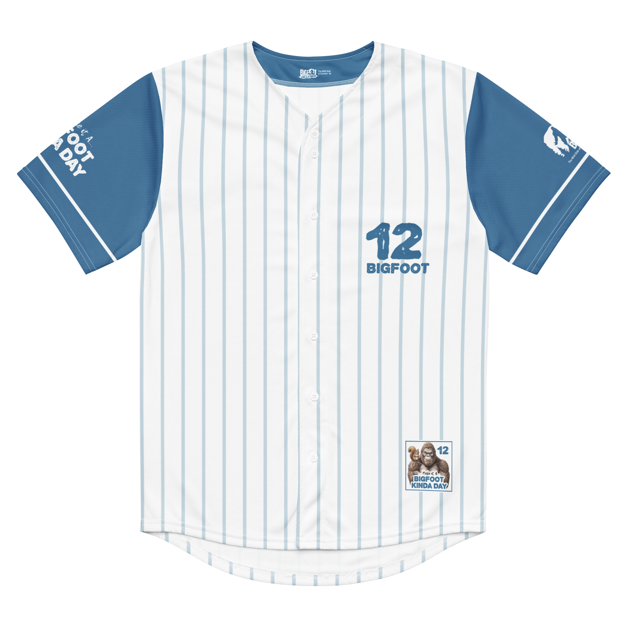 Baseball jersey with blue and white pinstripes, number 12, and 'Bigfoot' text on a white background.