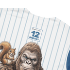 Baseball jersey with a gorilla and squirrel design and '12 Bigfoot' text on a white background.