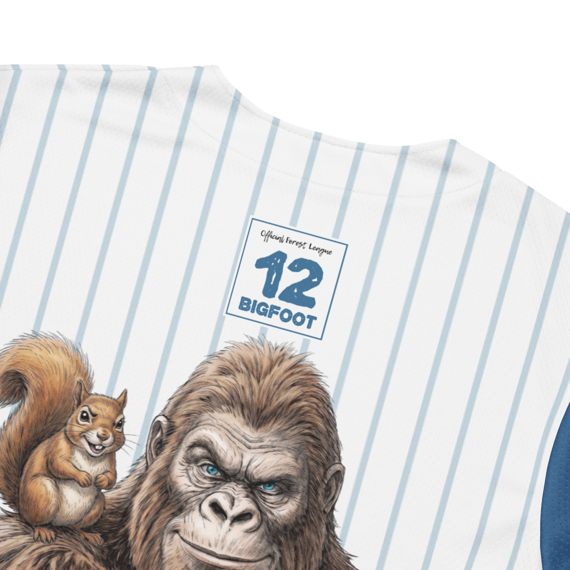 Baseball jersey with a gorilla and squirrel design and '12 Bigfoot' text on a white background.