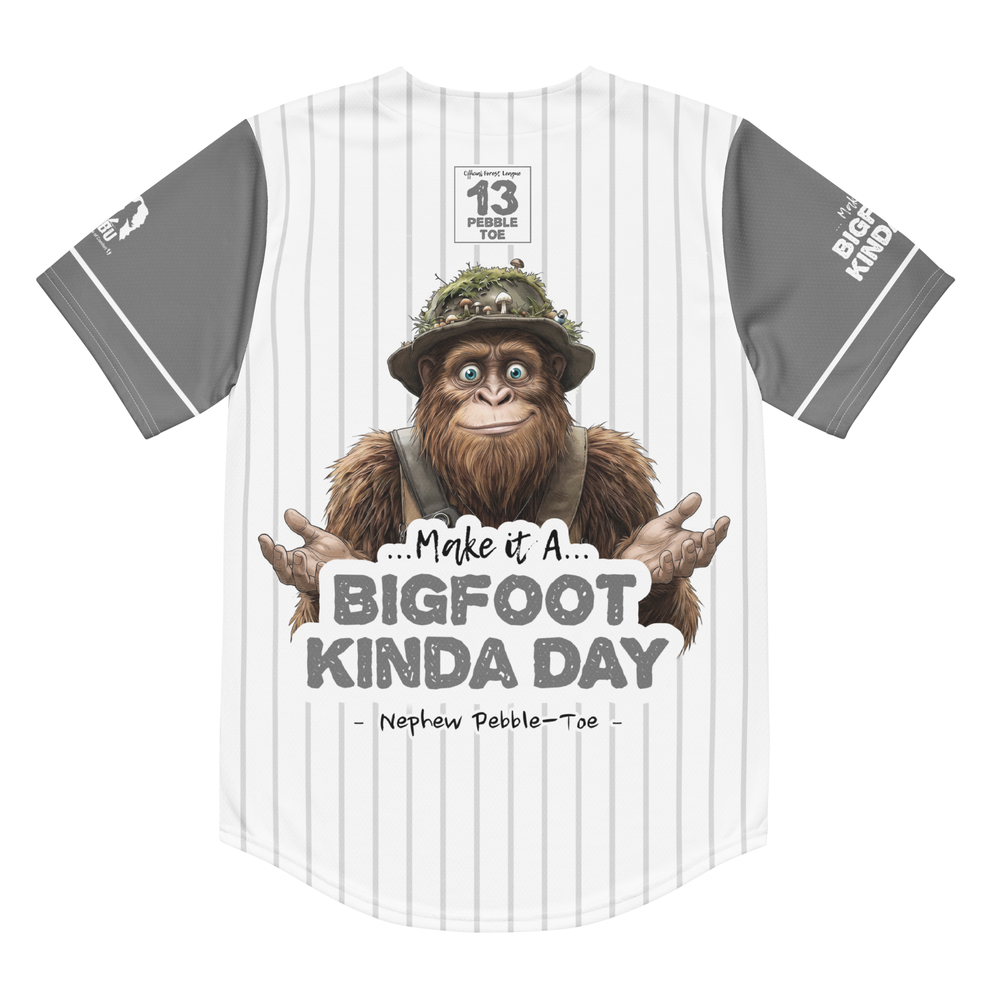 T-shirt with a cartoon bigfoot character and text on a white background