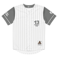 Baseball jersey with gray sleeves and white body, featuring the number 13 and text on a white background.