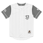 Baseball jersey with gray sleeves and white body, featuring the number 13 and text on a white background.