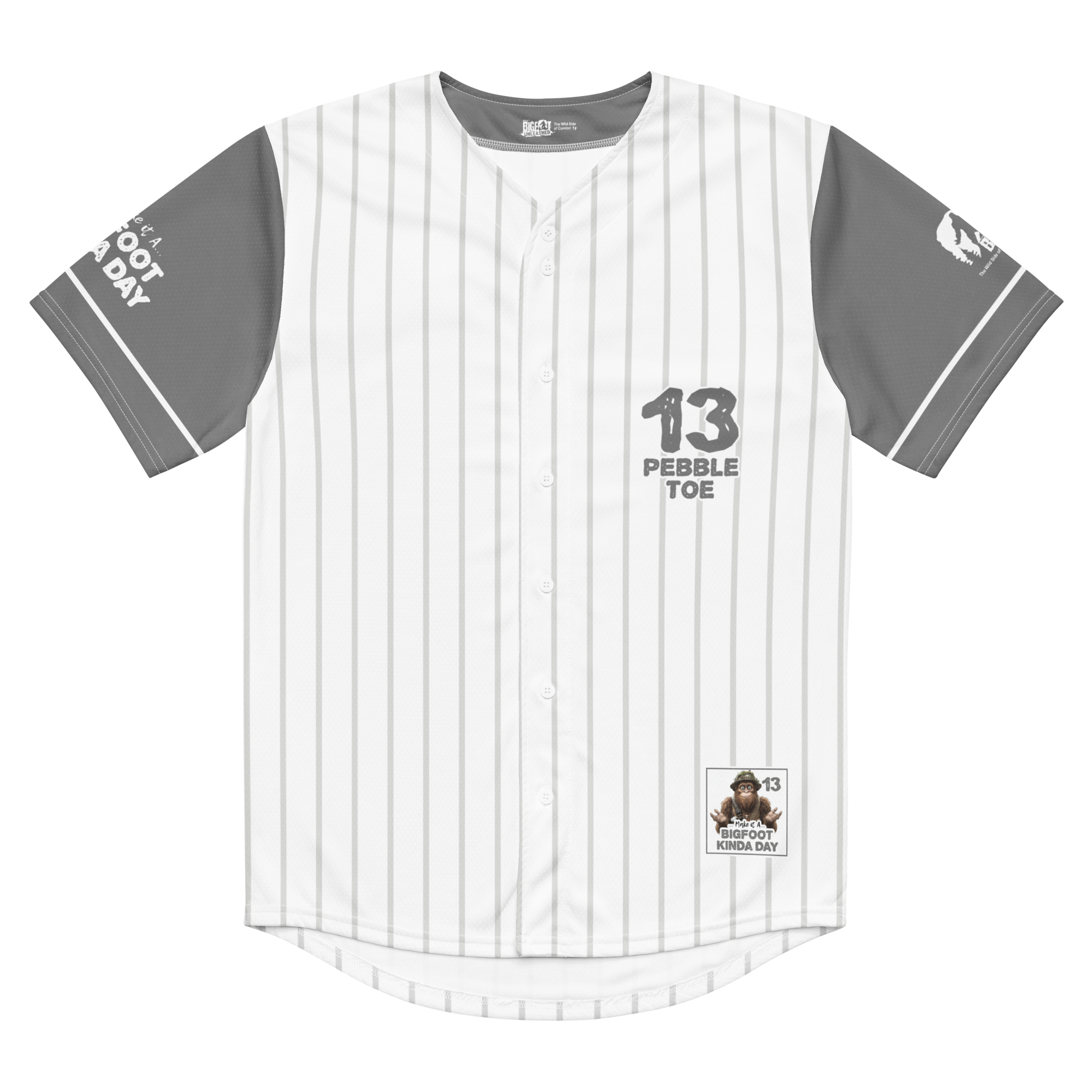 Baseball jersey with gray sleeves and white body, featuring the number 13 and text on a white background.