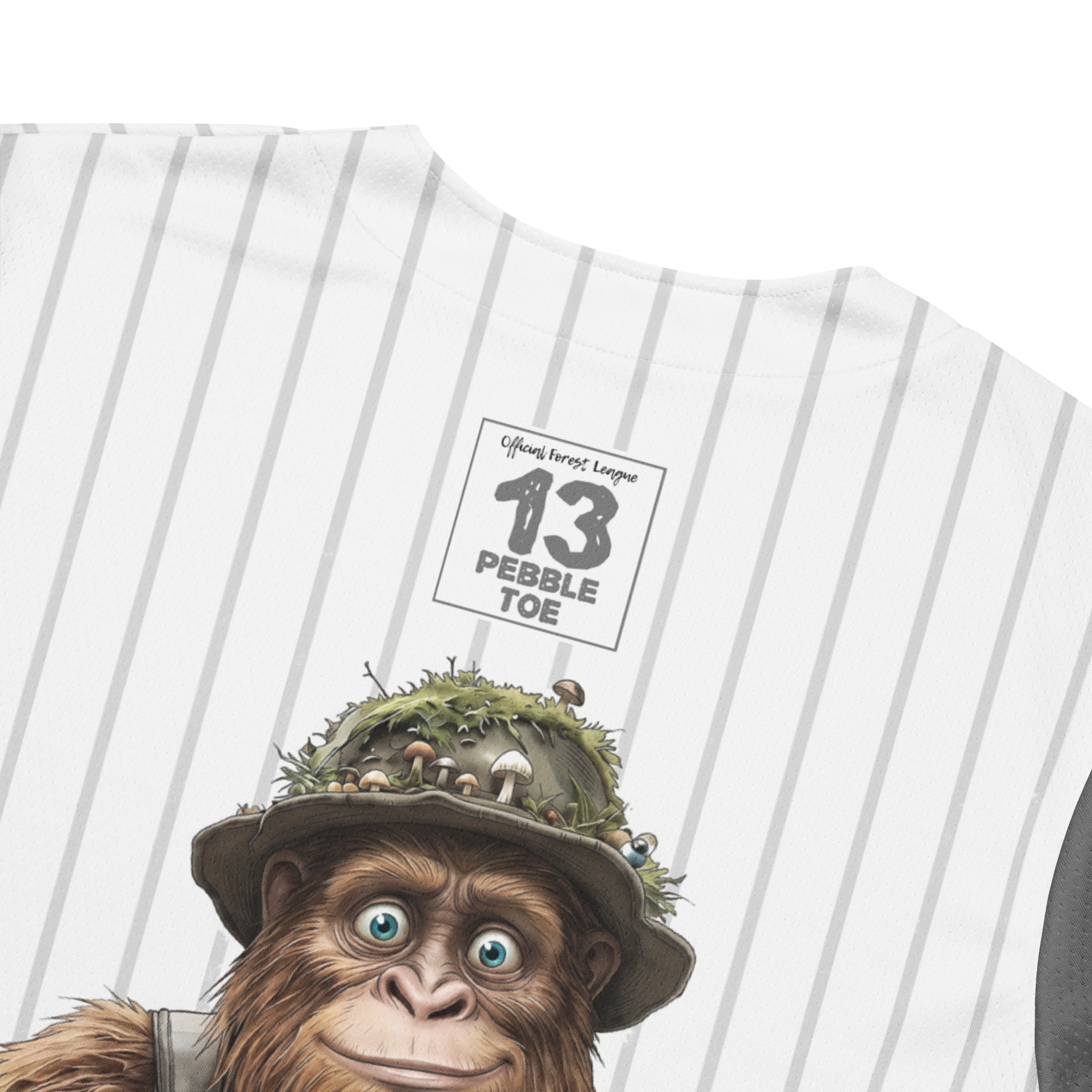 Baseball jersey with cartoon monkey character and 'Pebble Toe' text on a white background