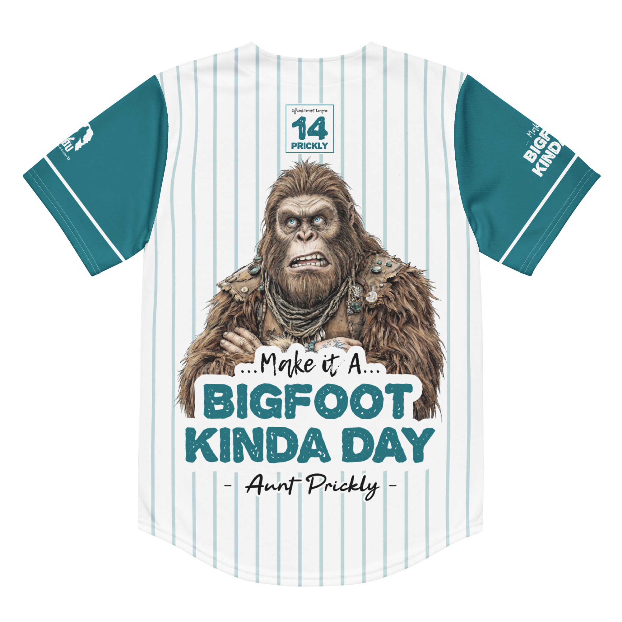 Baseball jersey with Bigfoot graphic and text on a white background