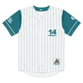 Baseball jersey with teal sleeves and '14 Prickly' text on a white background
