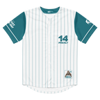 Baseball jersey with teal sleeves and '14 Prickly' text on a white background