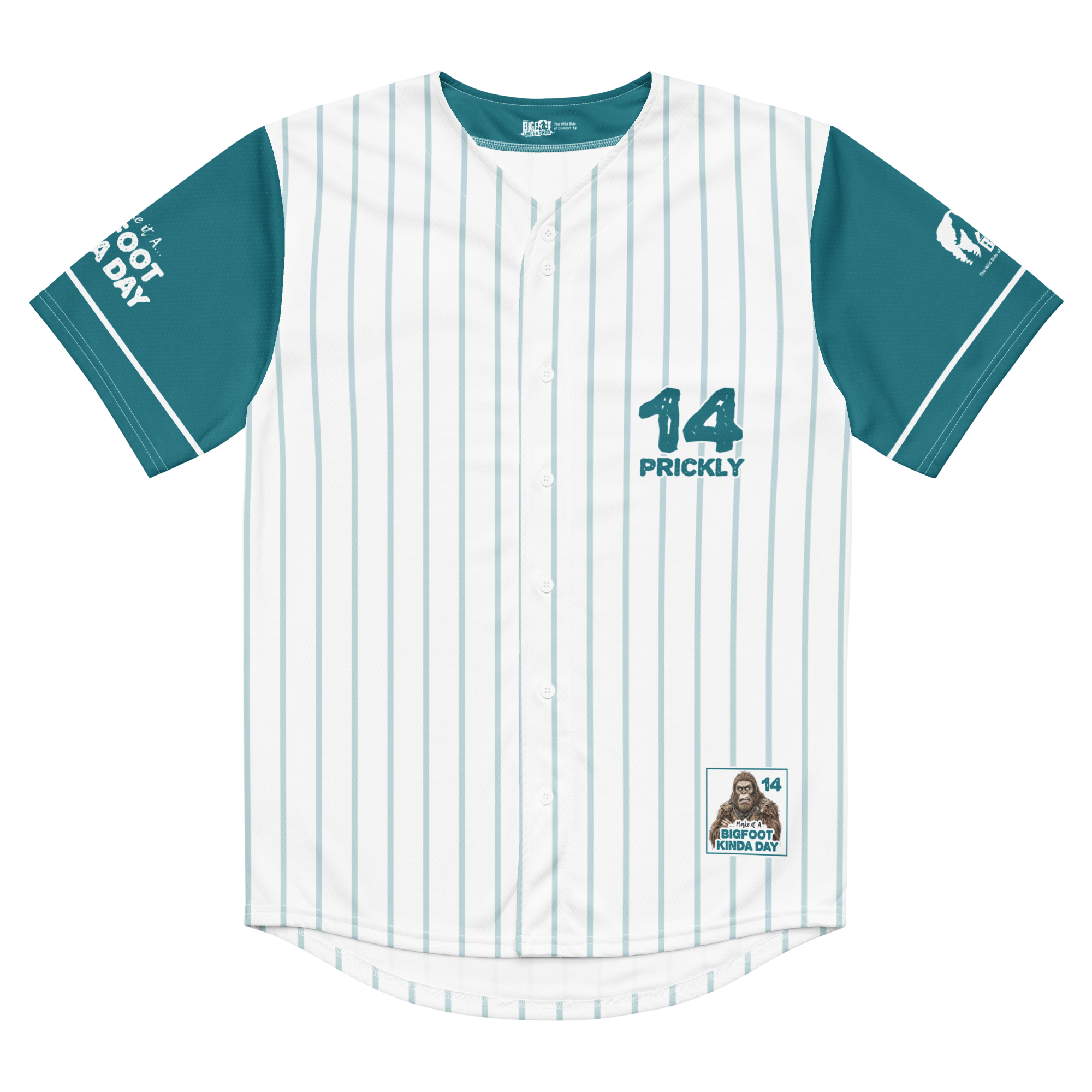 Baseball jersey with teal sleeves and '14 Prickly' text on a white background