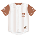 Baseball jersey with brown and white design on a white background