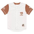 Baseball jersey with brown and white design on a white background