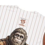 Baseball jersey with a cartoon Sasquatch design and text on a white background