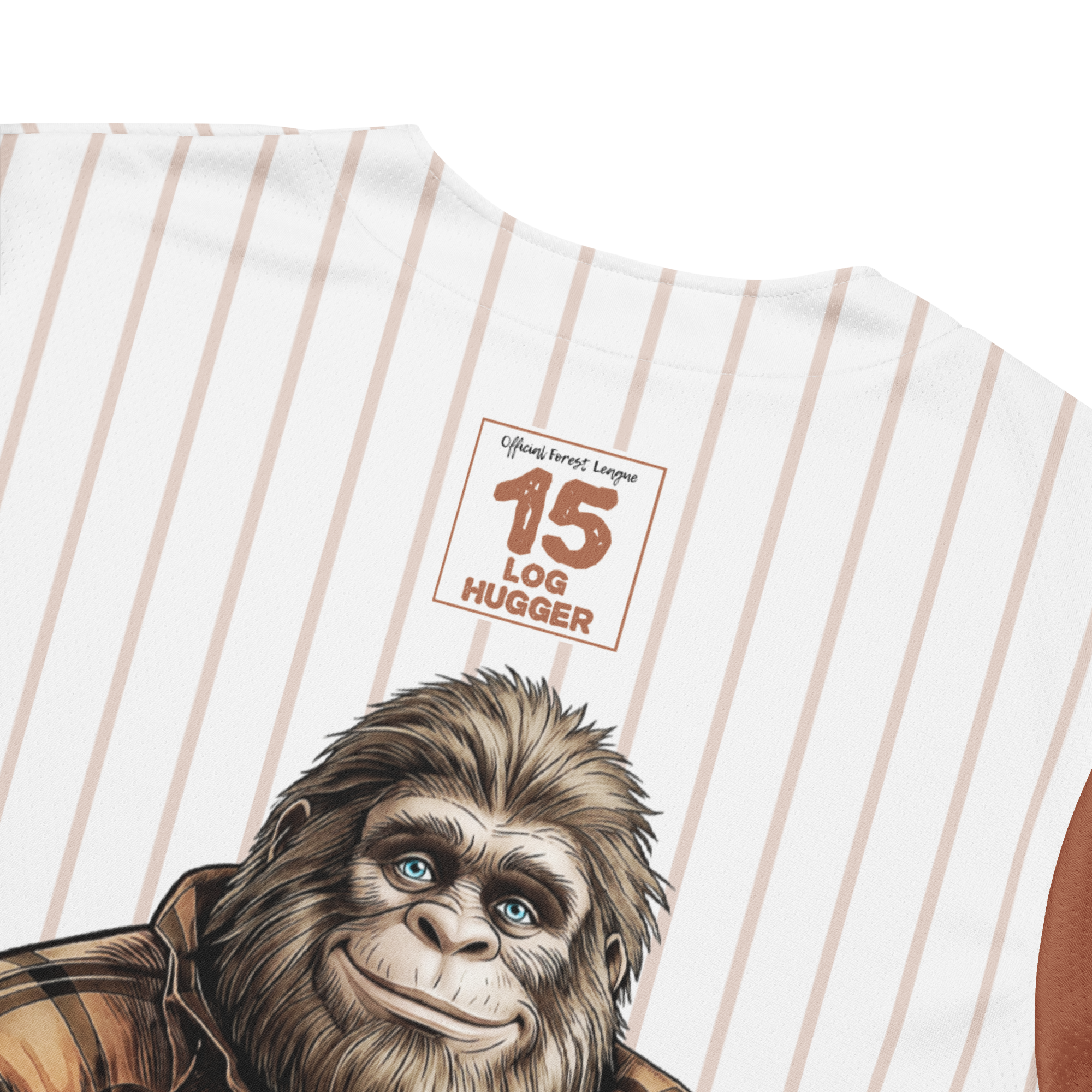 Baseball jersey with a cartoon Sasquatch design and text on a white background
