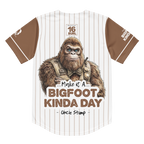 Baseball jersey with a cartoon bigfoot character and text on a white background