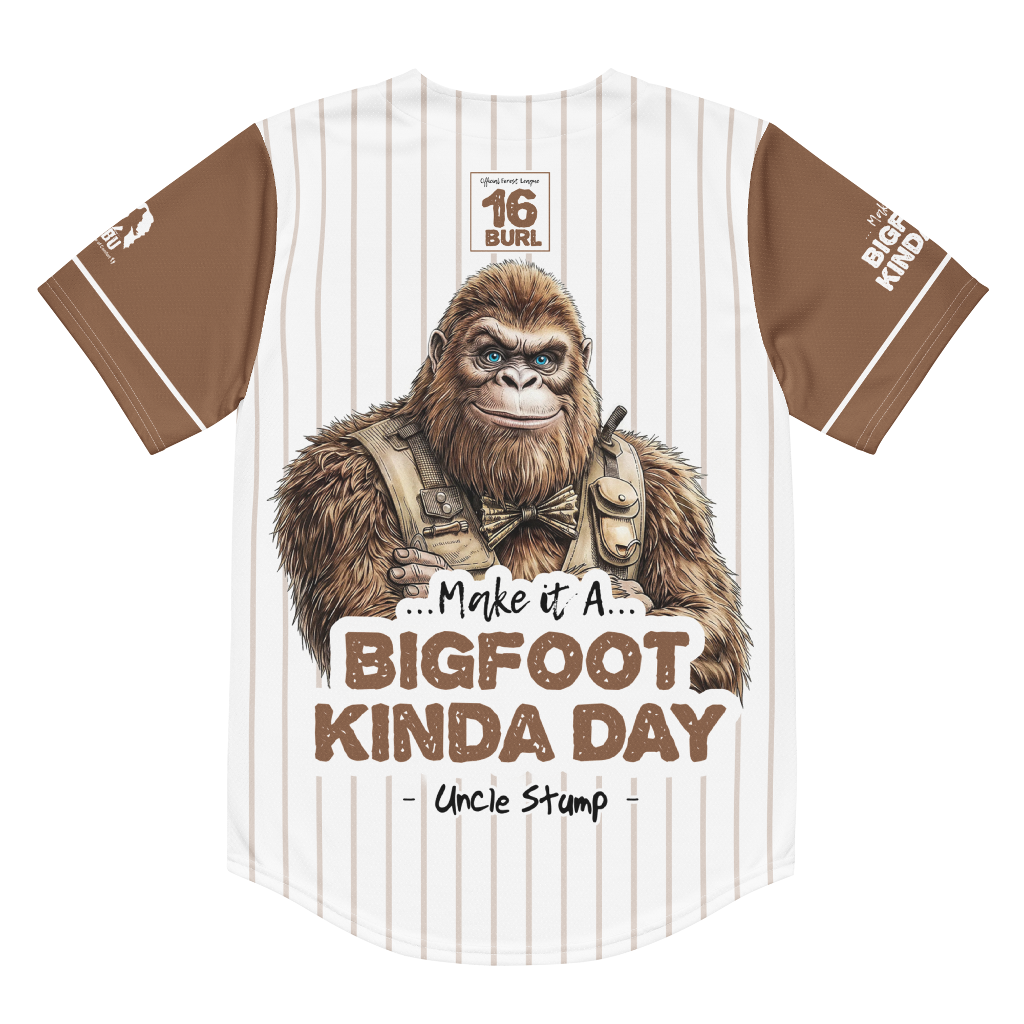 Baseball jersey with a cartoon bigfoot character and text on a white background