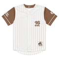 Baseball jersey with brown and white pinstripes, number 16, and 'Burl' text on a white background.