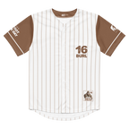Baseball jersey with brown and white pinstripes, number 16, and 'Burl' text on a white background.